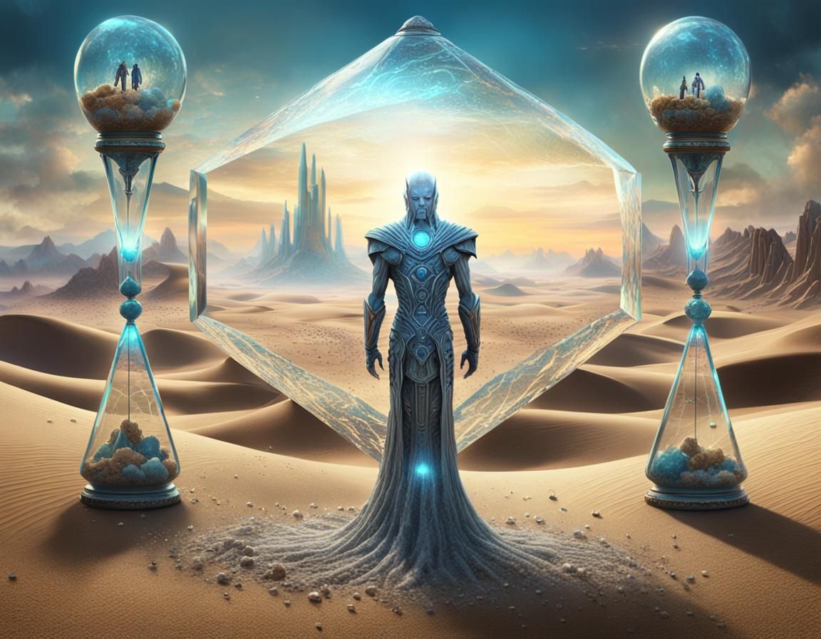 Crystal Desert: Hourglass Figure in Maximalist Digital Art