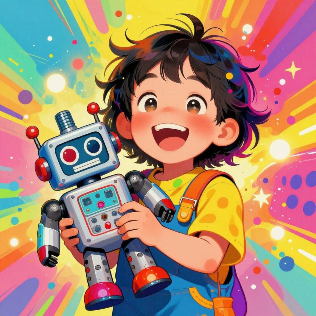 Child Laughing With Toy Robot in Pop Art Style