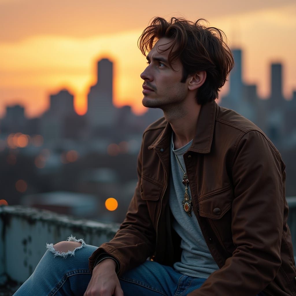 Boston Skyline at Dusk, Contemplative Figure