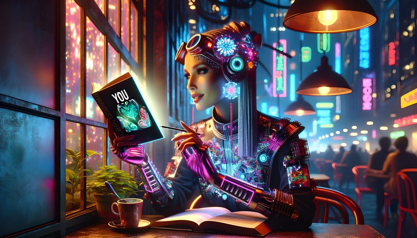 Vibrant Neon LOVE Sign in Cozy Café