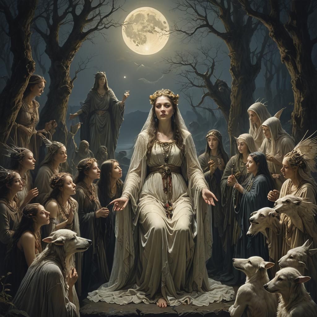 Moonlit Priestess with Followers: A Matte Painting