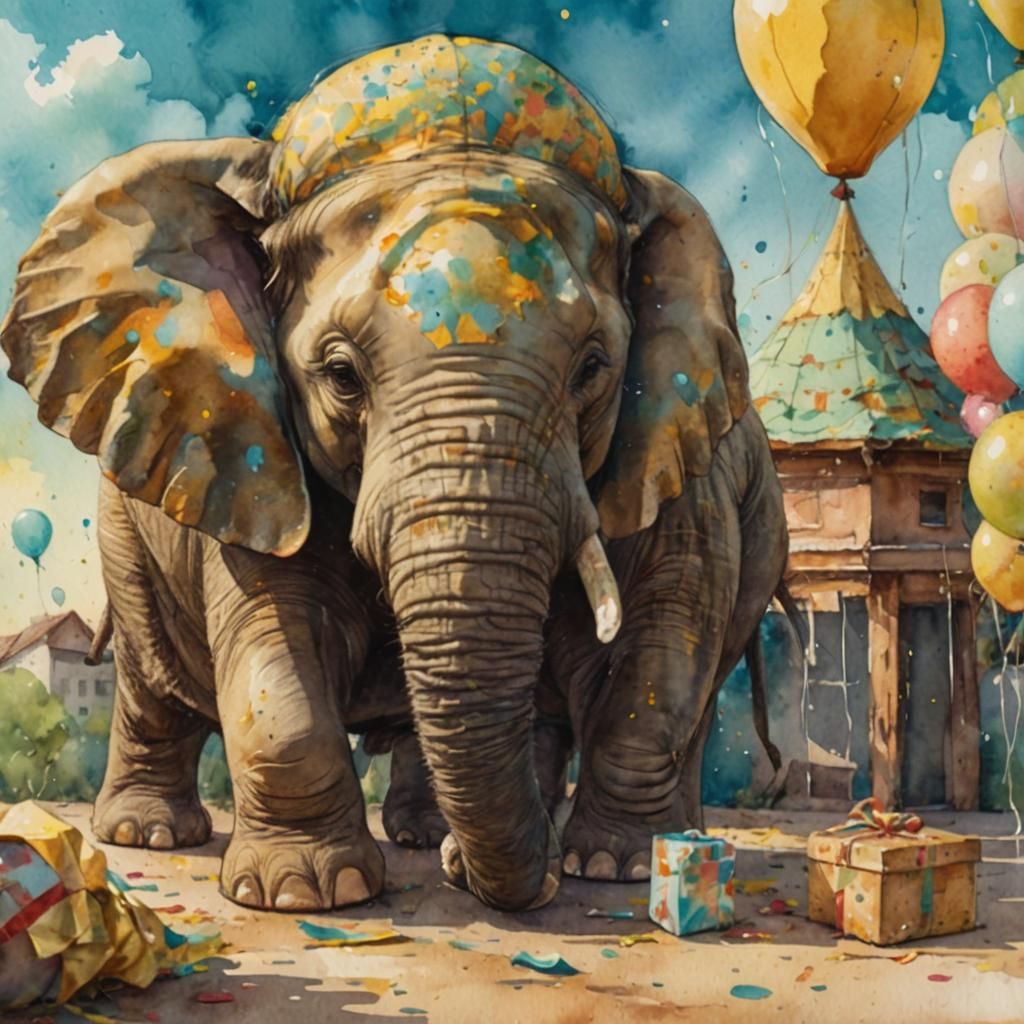 Smiling Elephant with Balloons in Watercolor Style