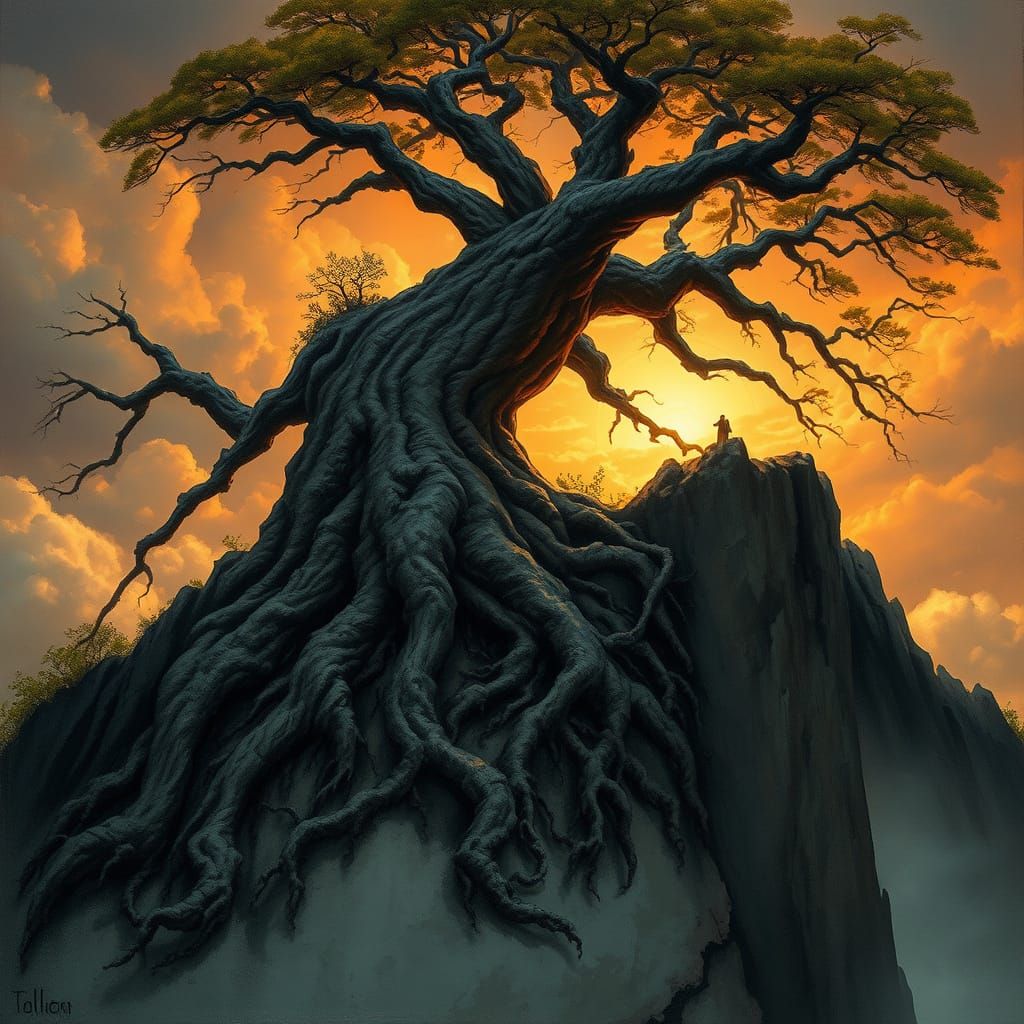 Ancient Tree Clinging to Cliff in Epic Fantasy Style