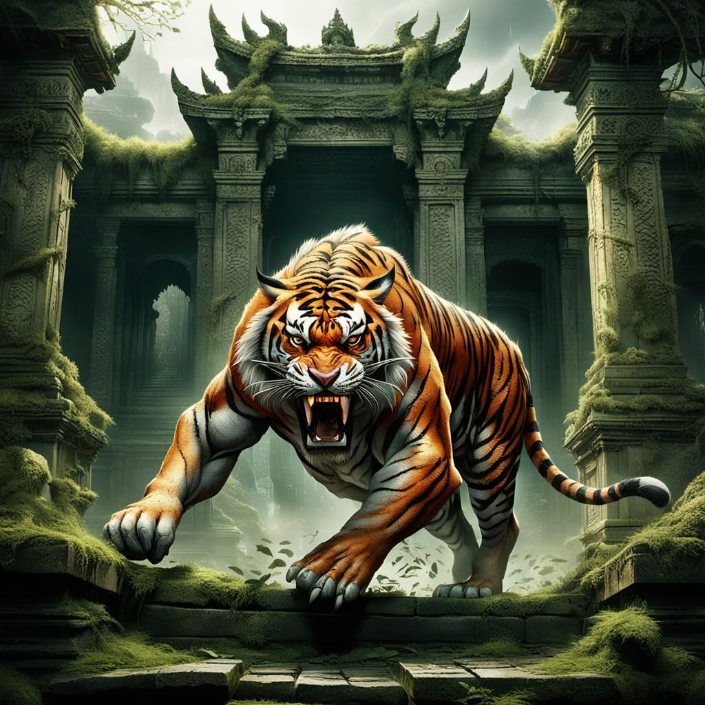 Man Rides Tiger at Ancient Temple in Comic Art