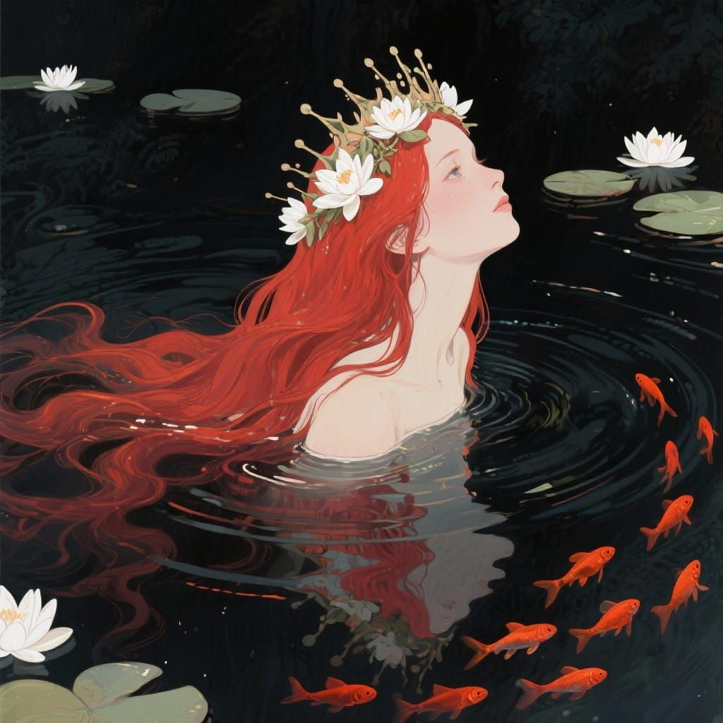 Art Nouveau Water Nymph with Water Lilies and Fish
