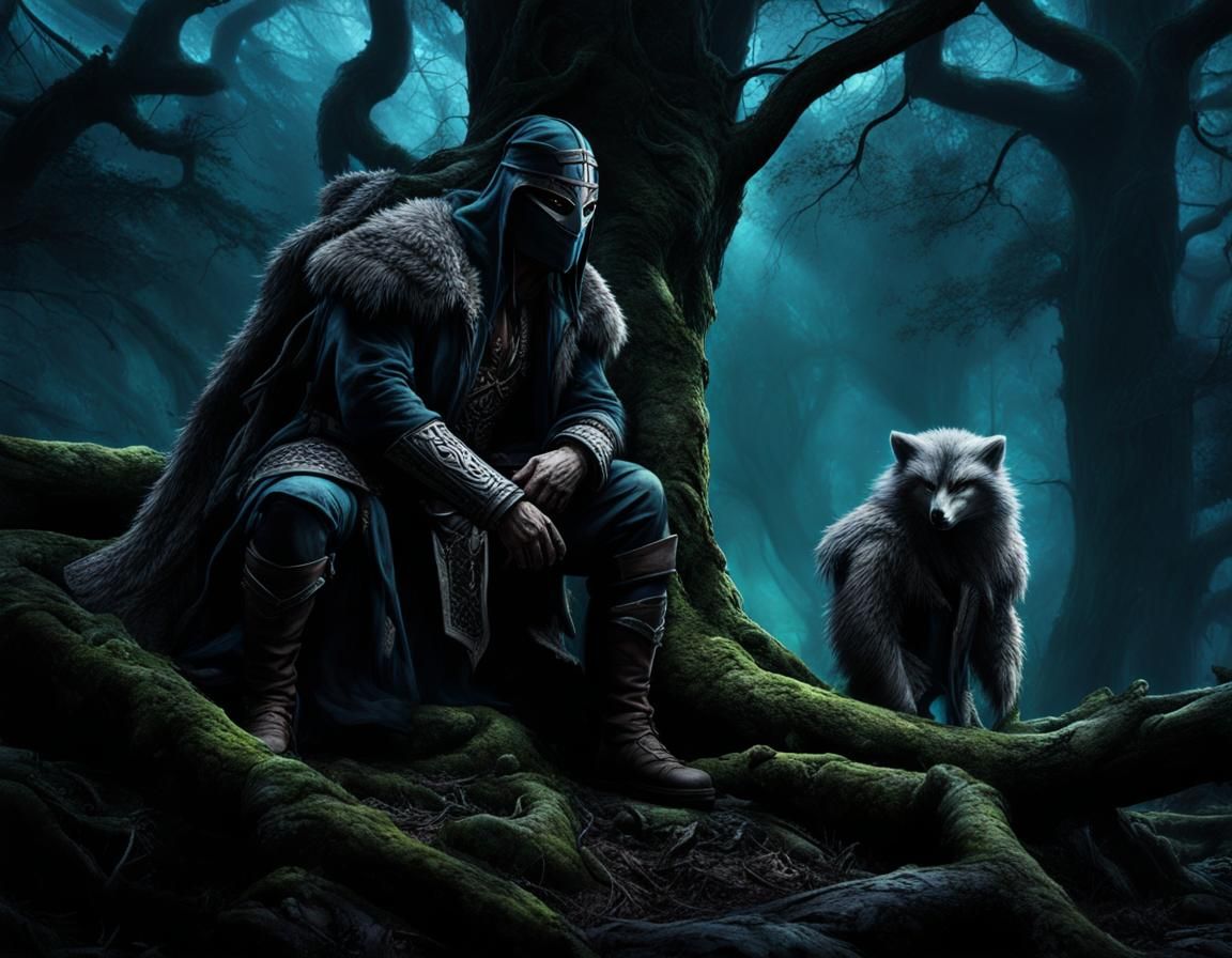Masked Figure in Dark Fantasy Forest