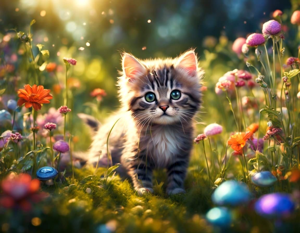 Fluffy Kitten Builds Spaceship in Painterly Meadow