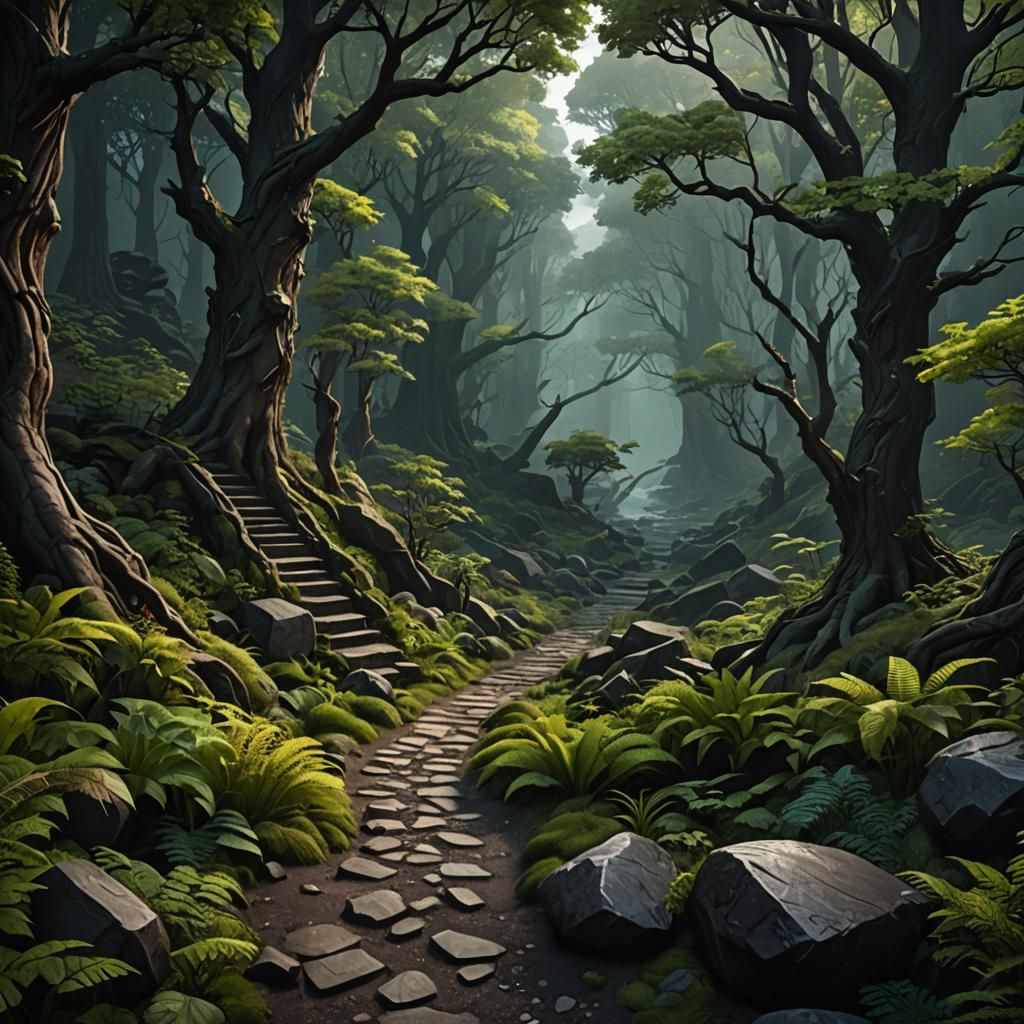 Dark Feywild Forest Path in Dungeons and Dragons Style