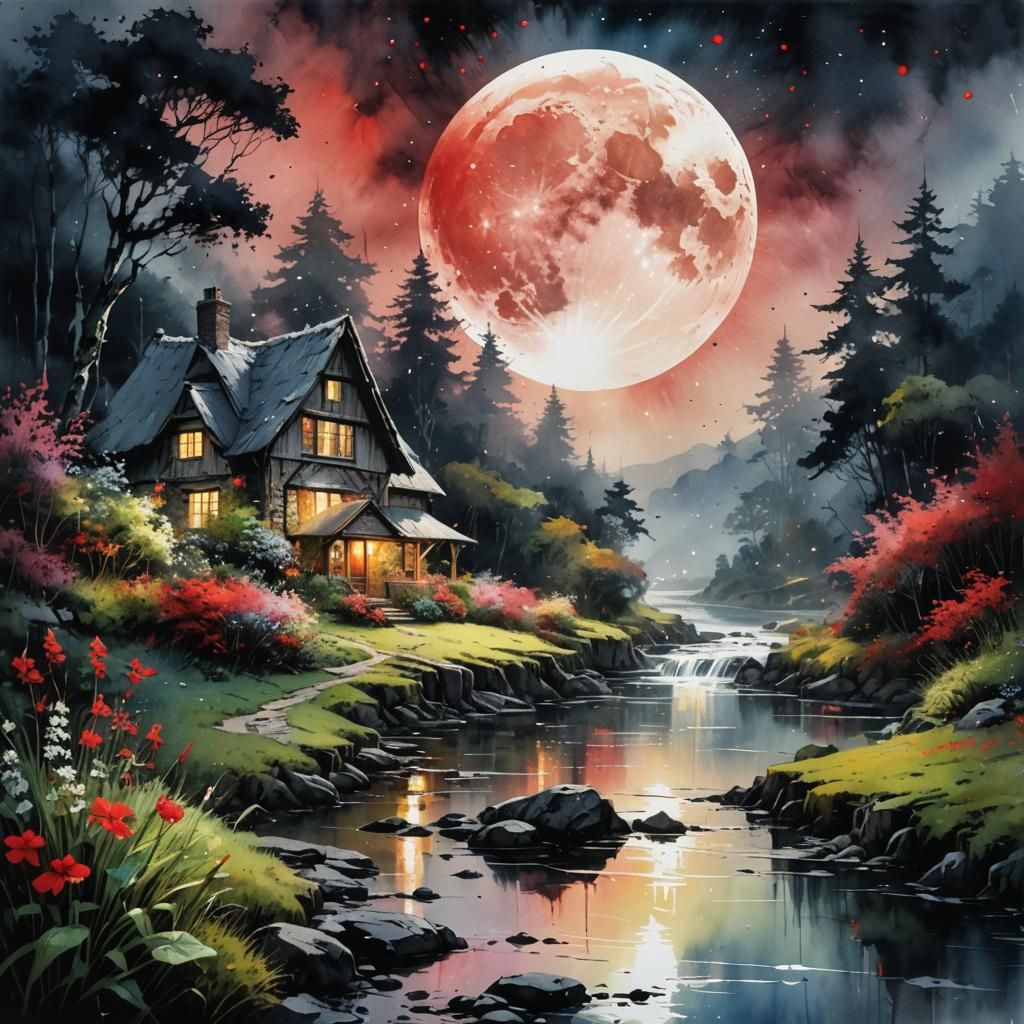 a cottage beautiful moon, a magnificent lush summerscape in the background, with beautiful rivers and valleys, waterfall...