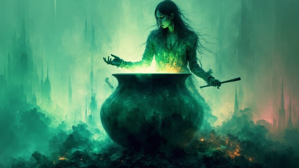 Witches Dancing Around Cauldron, Ethereal Glow