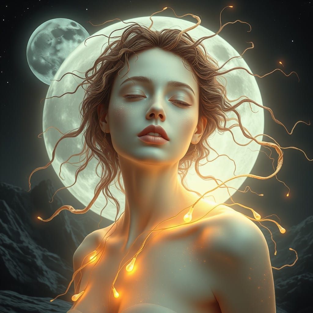 Ethereal Woman in Lunar Landscape with Alchemical Light