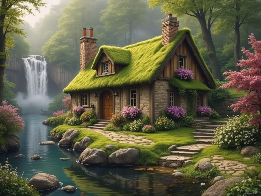 Quaint Cottage by Waterfall in Painterly Style