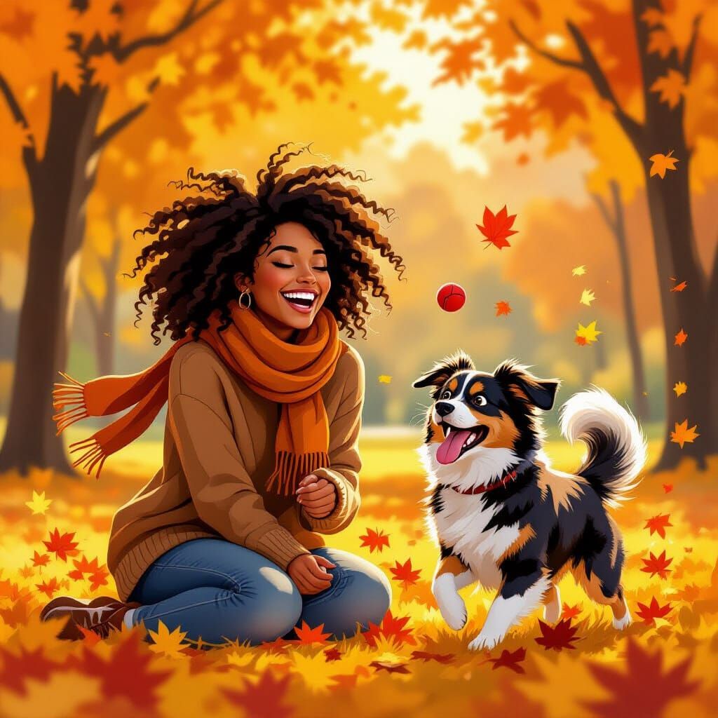 Woman Playing in Autumn Park with Dog, Expressive Art
