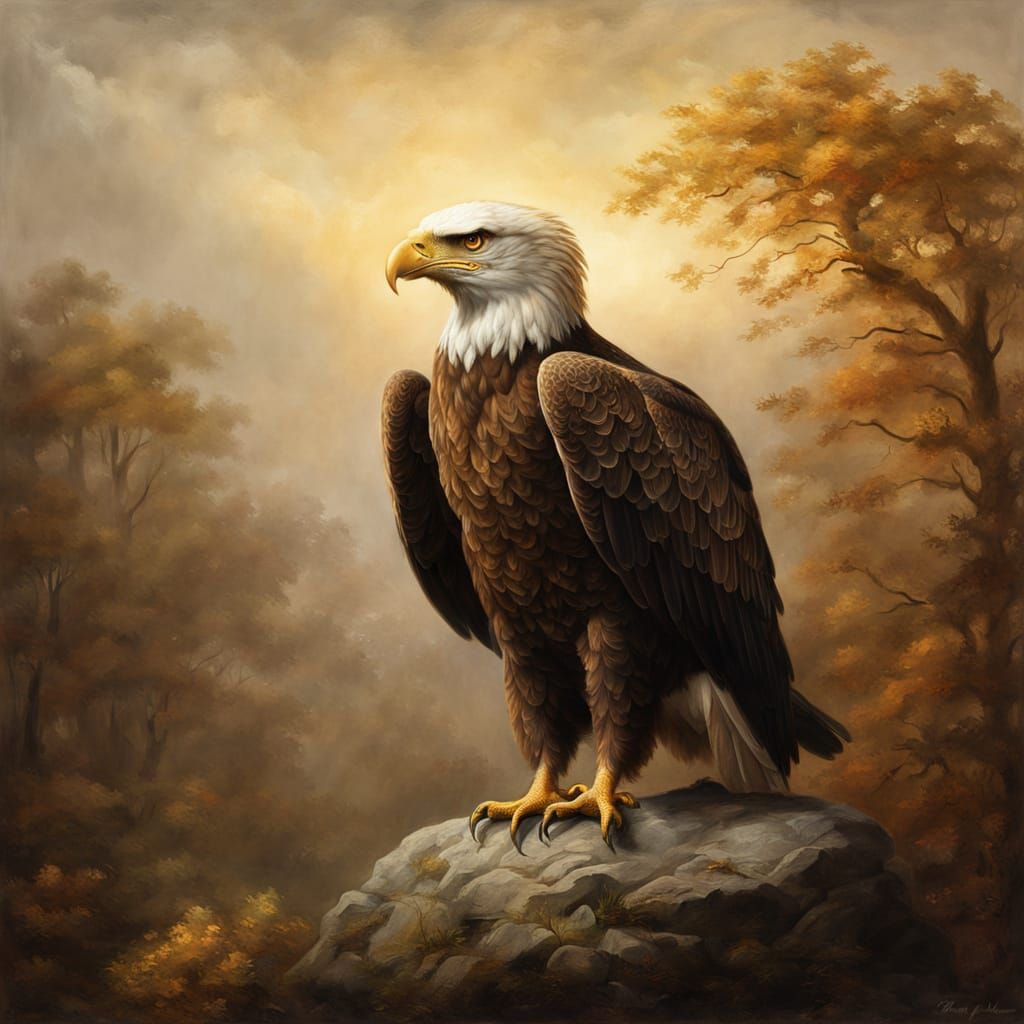 Golden Eagle Perched on Rock in Autumn Light