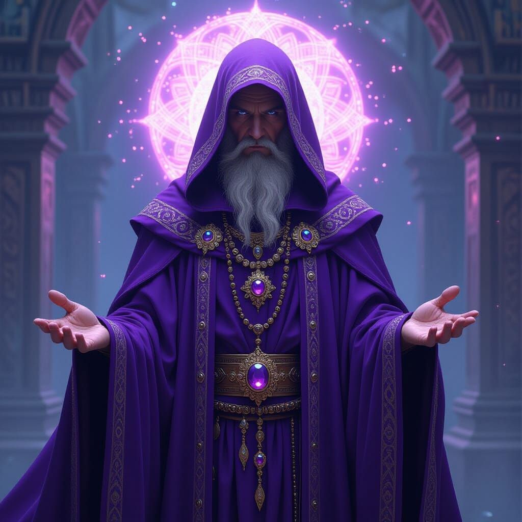 Mystical Figure in Purple Robes with Golden Embroidery