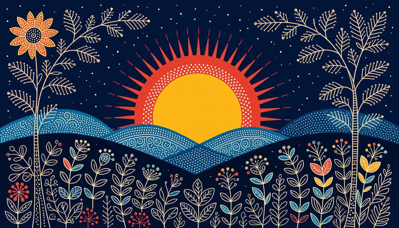 Vibrant Sunrise in Traditional Warli Art Style