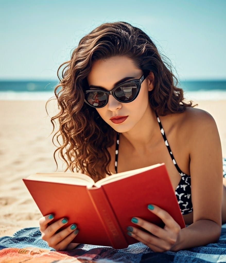 Woman Reading on Beach in Retro Style