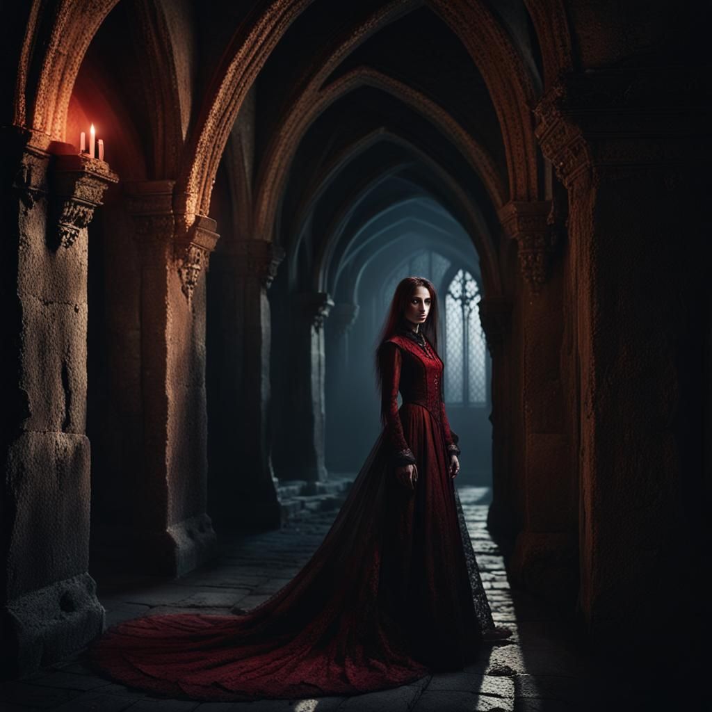 Female Vampire in Castle Hallway: Dark Fantasy Art
