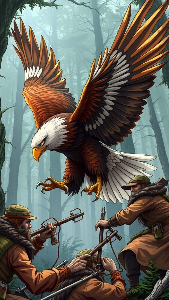 Majestic Eagle in Japanese Anime Style Dismantles Traps, Att...