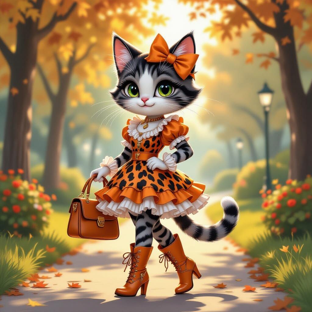 Cartoon Cat Model in Leopard Print Dress with Orange Bow