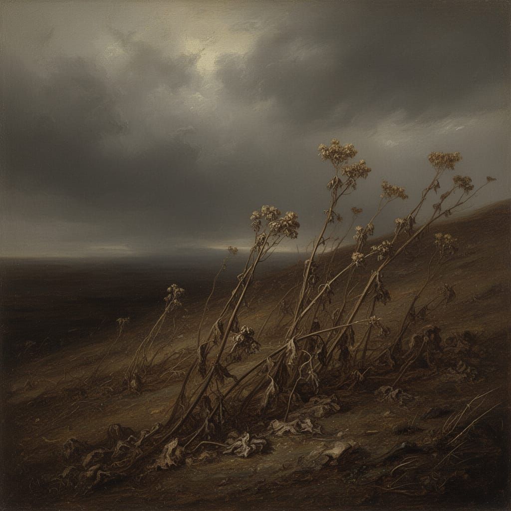 Melancholy Oil Painting of Dried Flowers on Windswept Hill