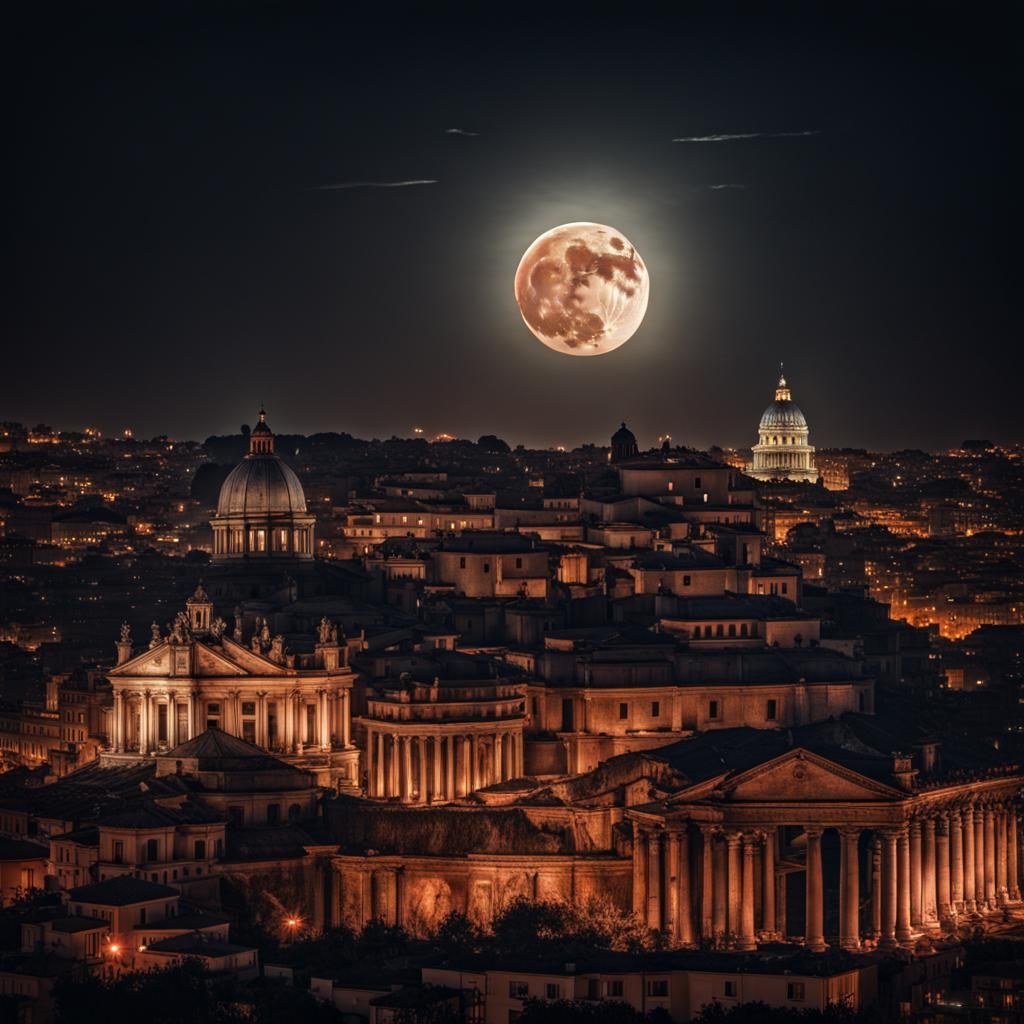 Dramatic Full Moon over Rome in Hyperrealistic Style