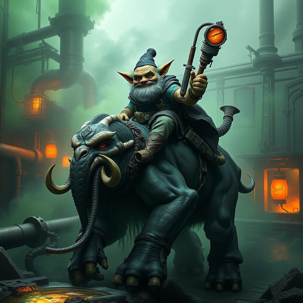 Goblin Alchemist Rides Ogre in Industrial Wasteland