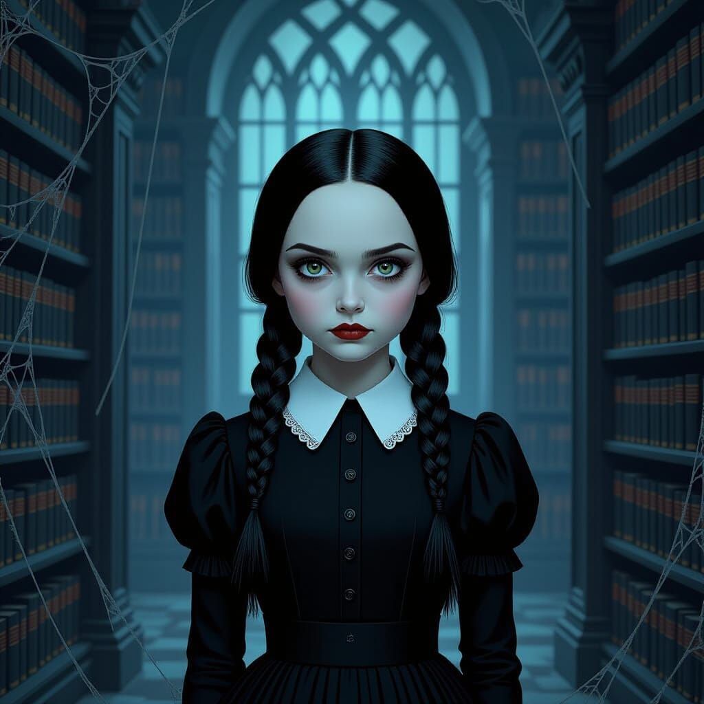 Wednesday Addams in a Gothic Library