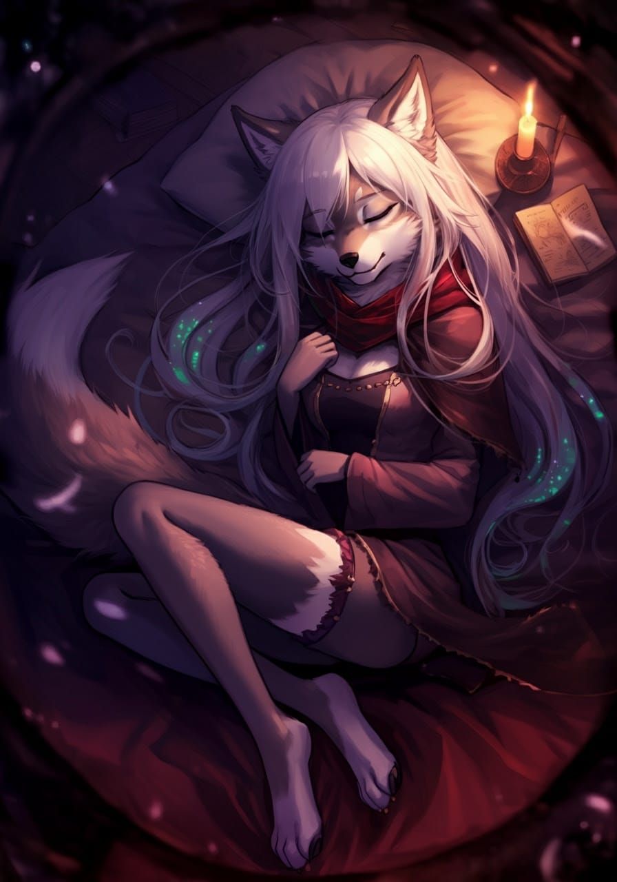 Furry Wolf Sleeps in Dark Fantasy Room, Digital Art
