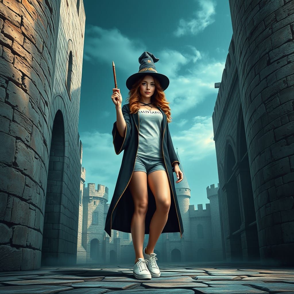 Elegant Wizardess in Hogwarts Regalia