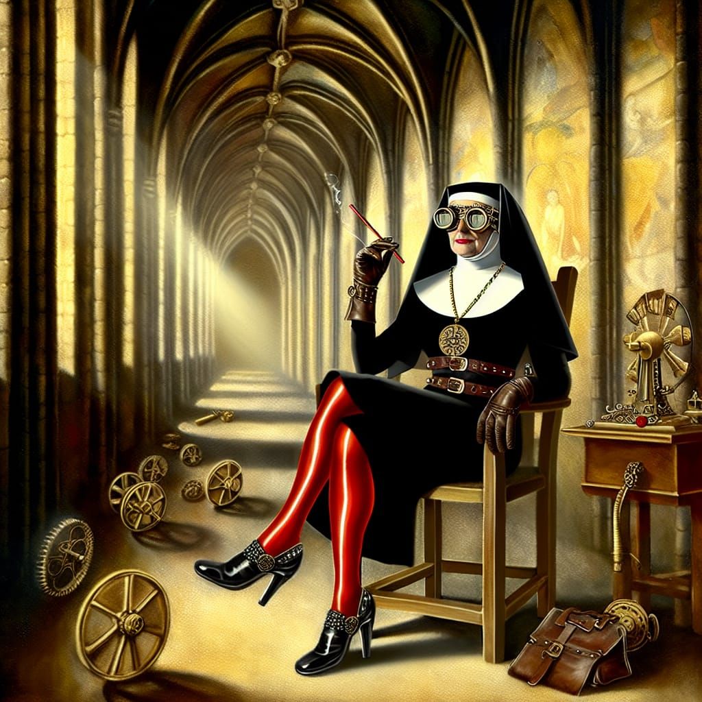 Nun in Steampunk Gothic Corridor: Pre-1912 Style