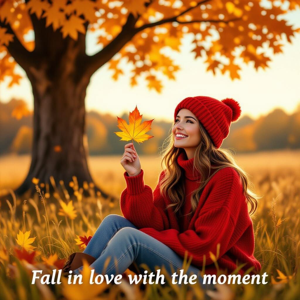 Joyful Woman in Red Sweater and Hat in Autumn Field