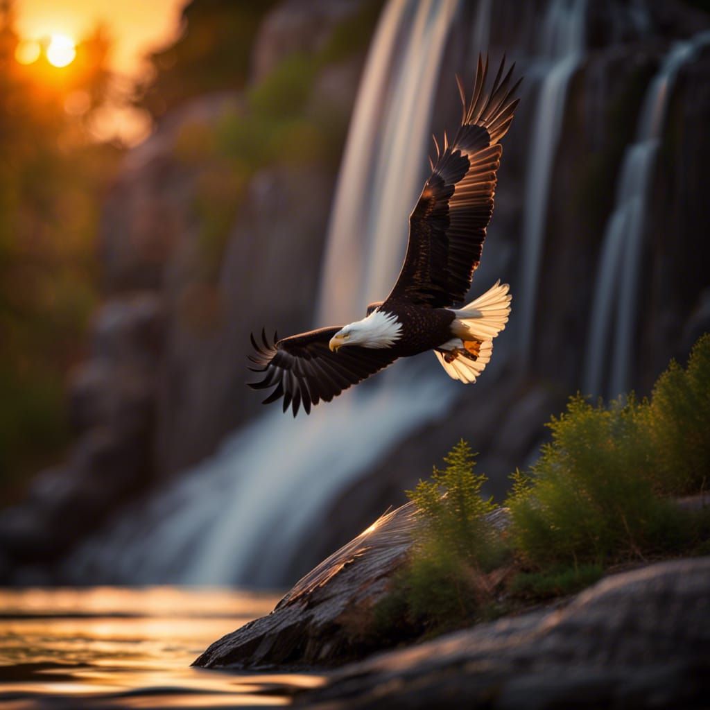 Bald Eagle Soaring Over Waterfall at Sunset