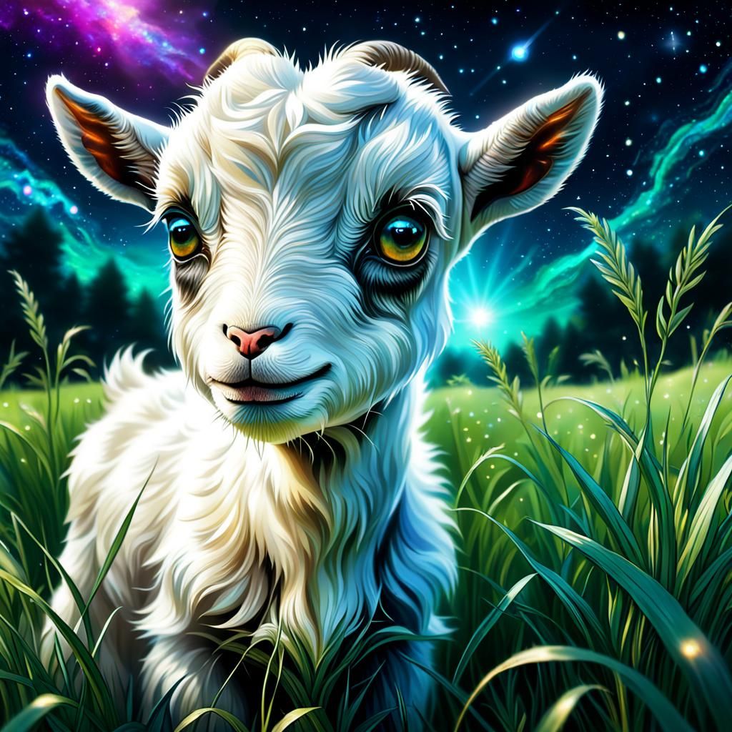Baby Goat Grazing: Cosmic Holographic Illustration
