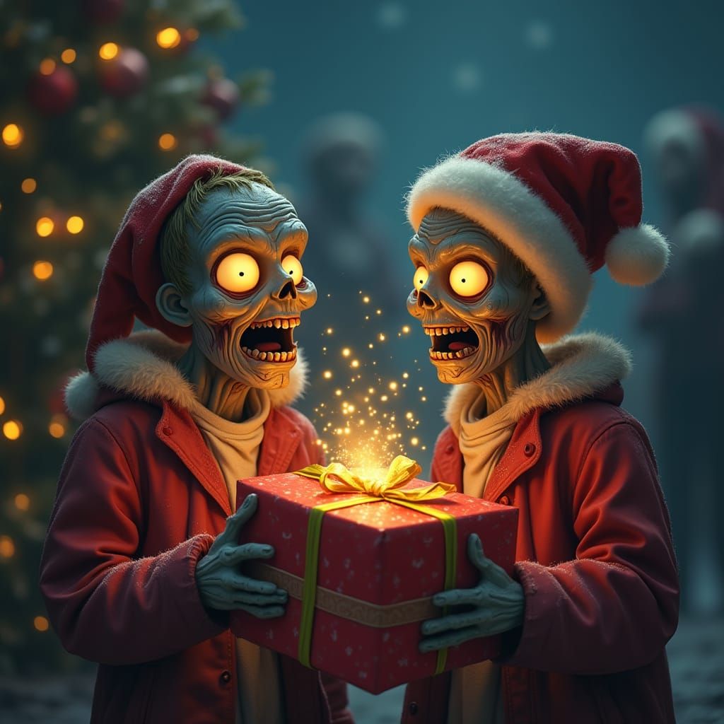 Happy Zombie Children Open Christmas Gifts of Scared Humans