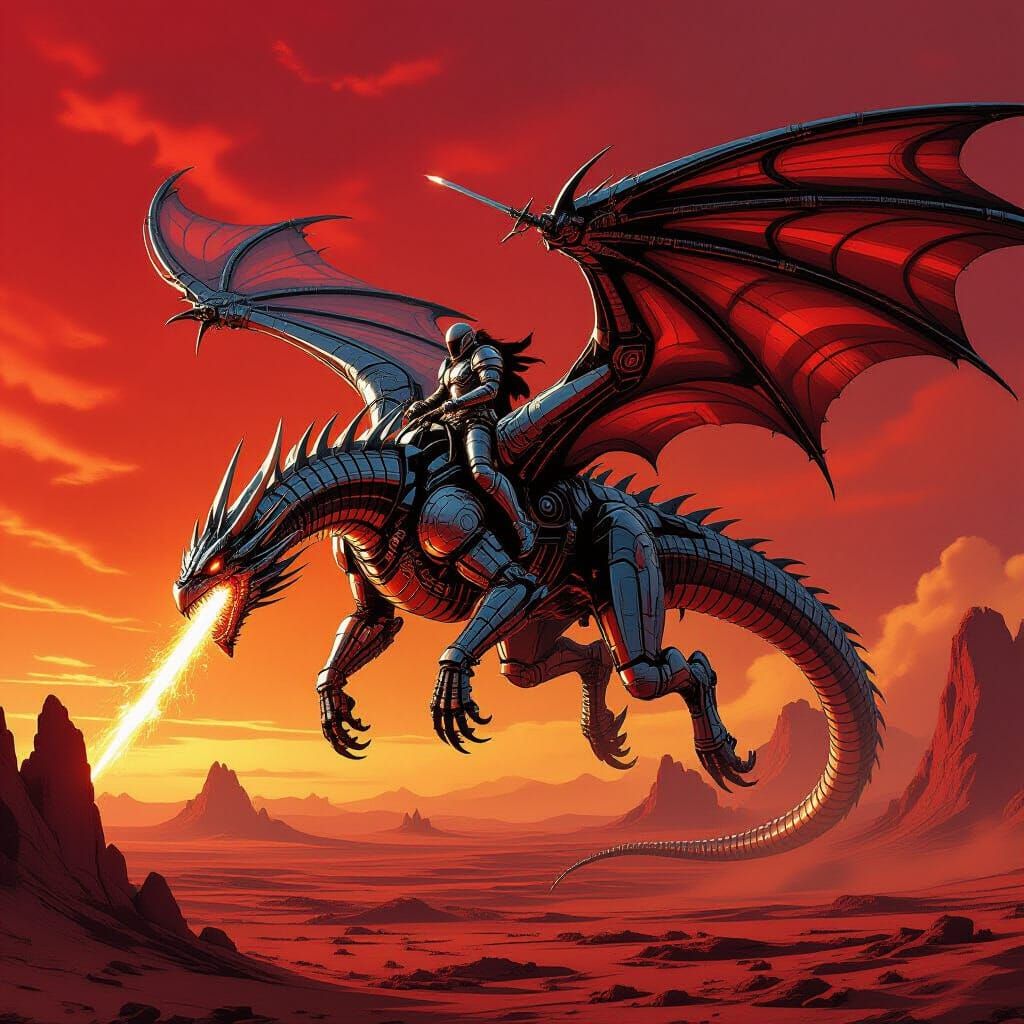 Biomechanical Wyvern Soaring Through Crimson Sky