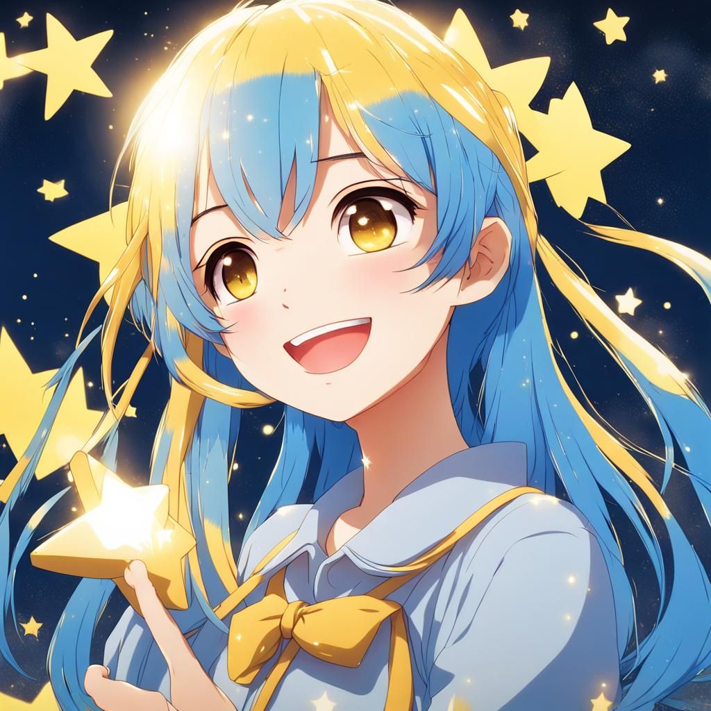 Anime Girl in Golden Light with Blue Hair