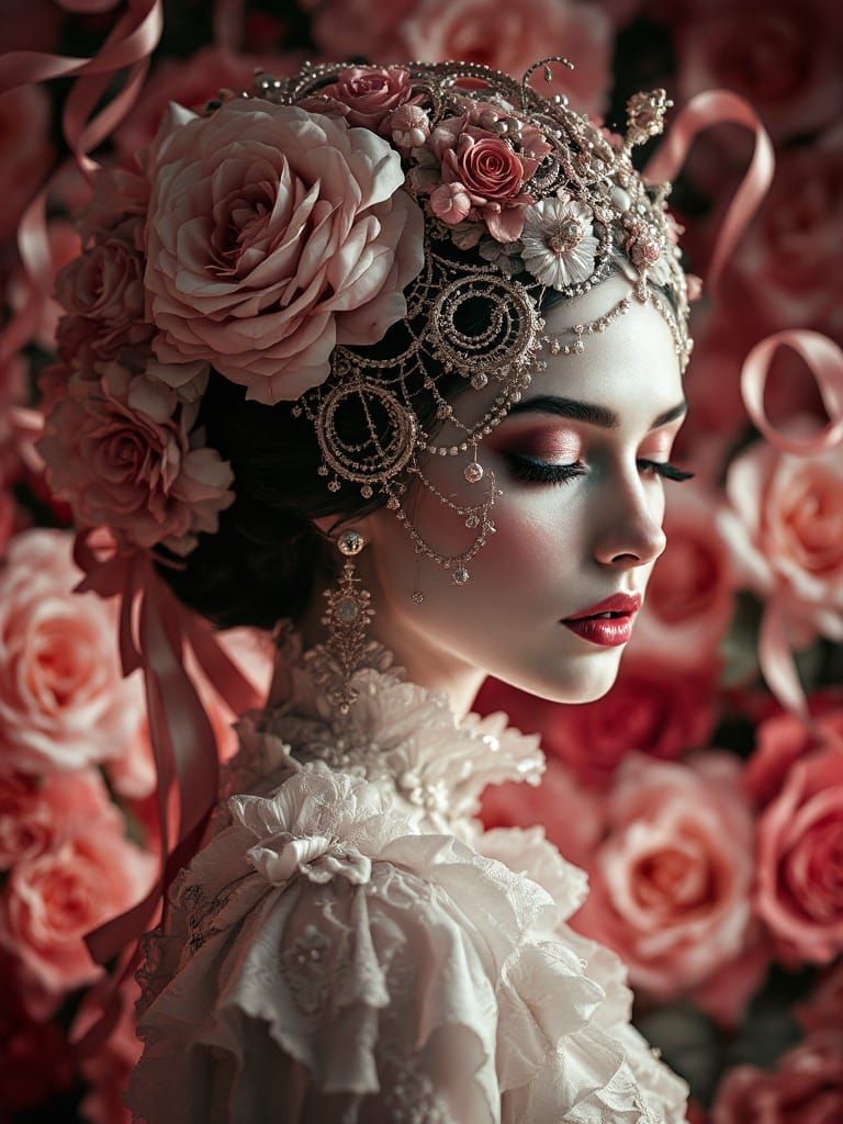 Edwardian Woman Portrait with Roses and Ribbons