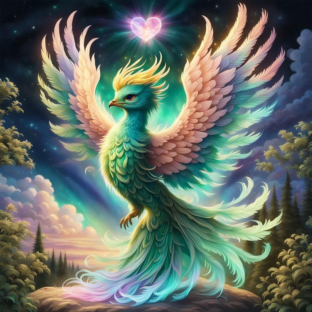 Ethereal Chibi Seraphim Phoenix in Dreamlike Setting