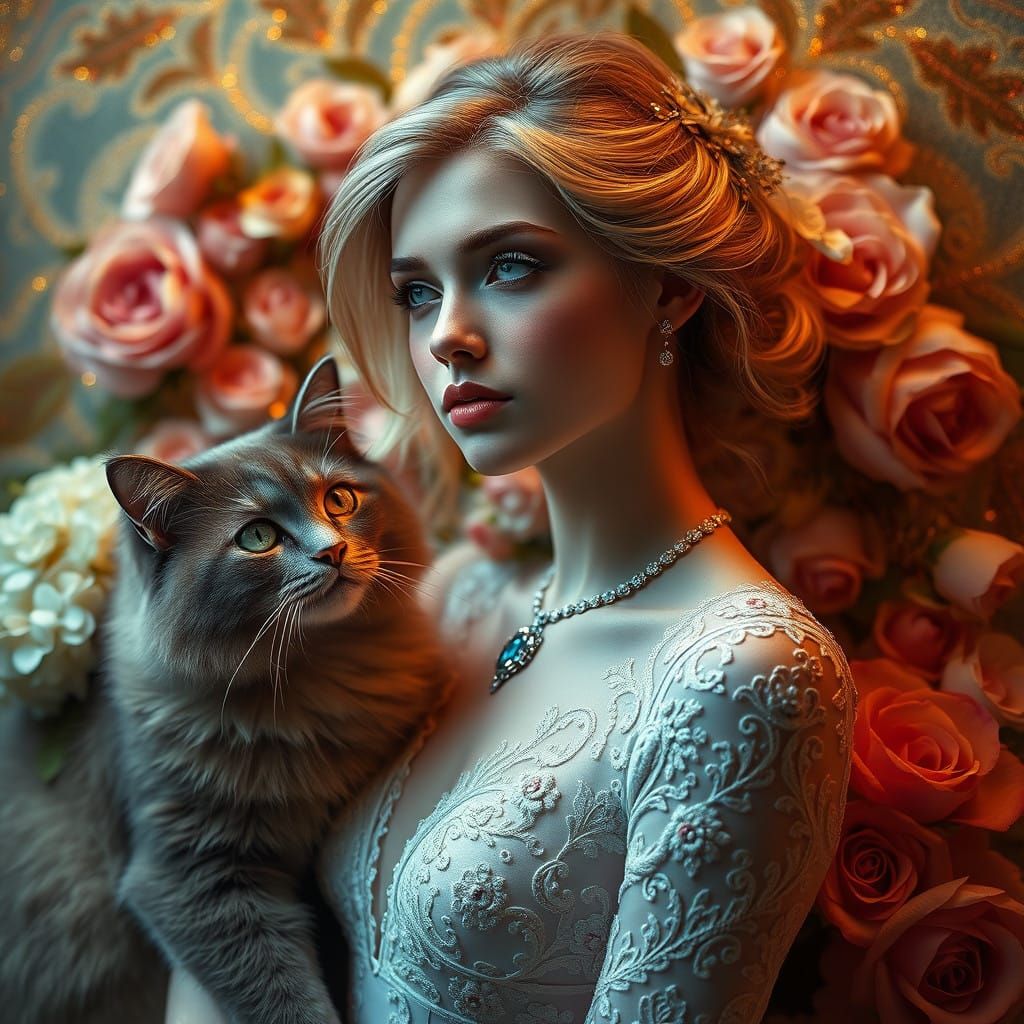 Ethereal Woman in Art Nouveau-Inspired Wedding Gown with Maj...