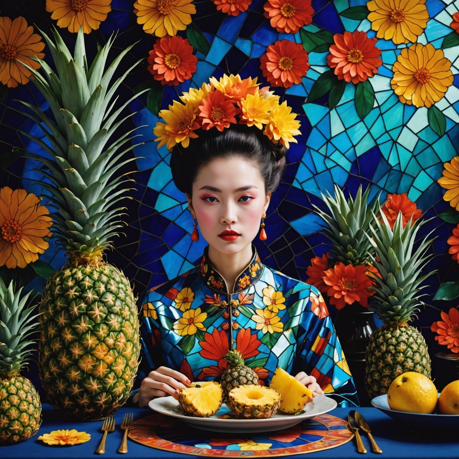 Fractal Stained Glass Still Life with Geisha