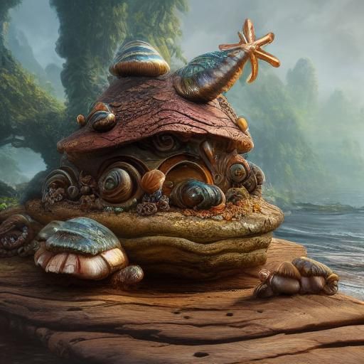 Seashell Snail House on Log, Detailed Matte Painting