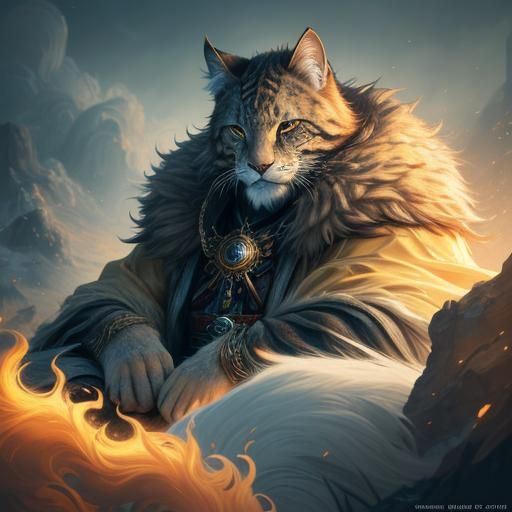 Regal Feline King on Throne in Surreal Anime Art