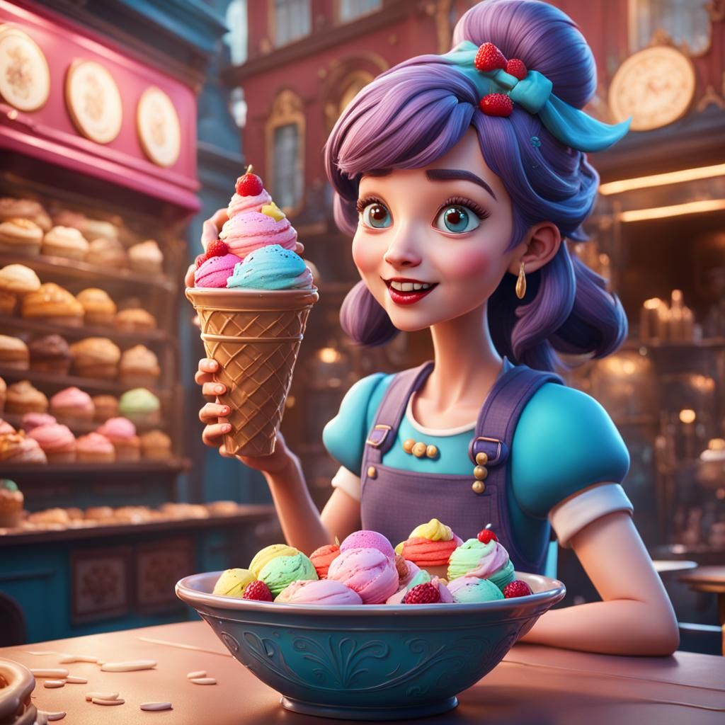 Girl Enjoys Ice Cream in Bakery: 3D Render