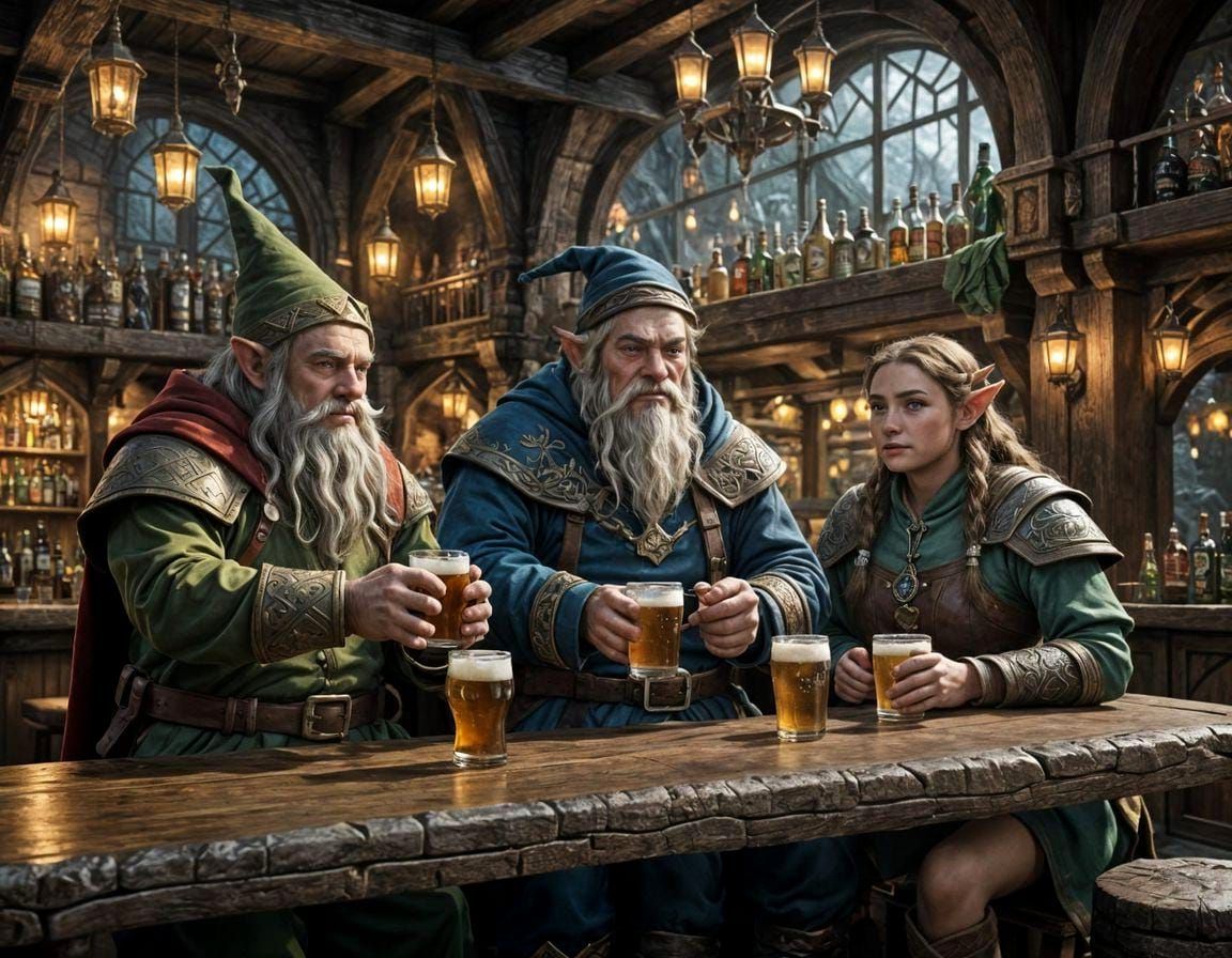 Fantasy Bar Scene with Elf, Dwarf, and Golem