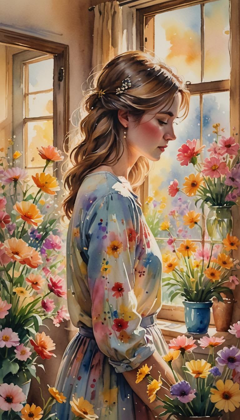 Impressionist Woman Blooming Flowers in Watercolor