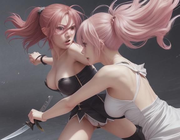 Anime Style Bare Women Knife Fight