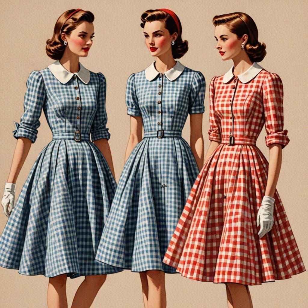 Vintage Fashion Illustration of Girls in Gingham Dresses