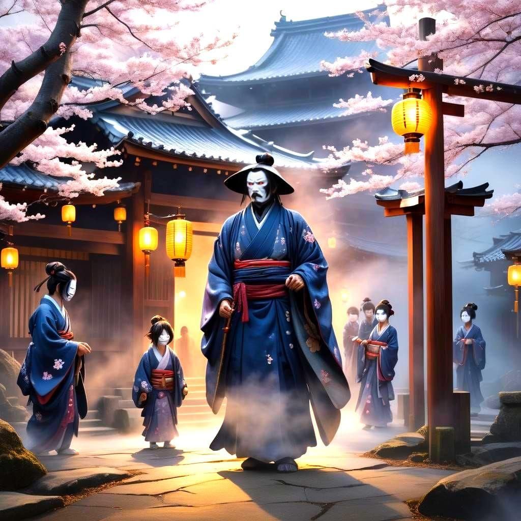 Samurai Ghost Visits Family: Hyperrealistic Night Scene