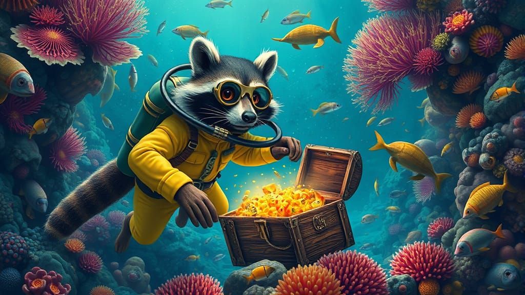 Raccoon Scuba Diver Steals Pirate Treasure, Digital Painting